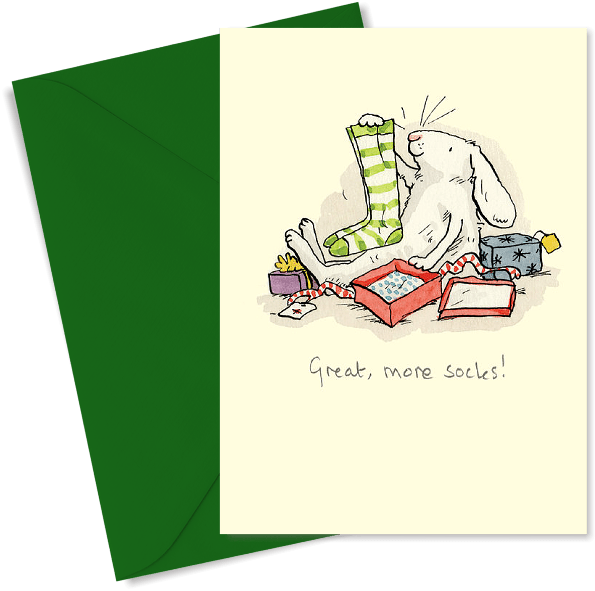 Great More Socks - Two Bad Mice Christmas Card by artist Anita Jeram. High quality greetings card, individually wrapped.