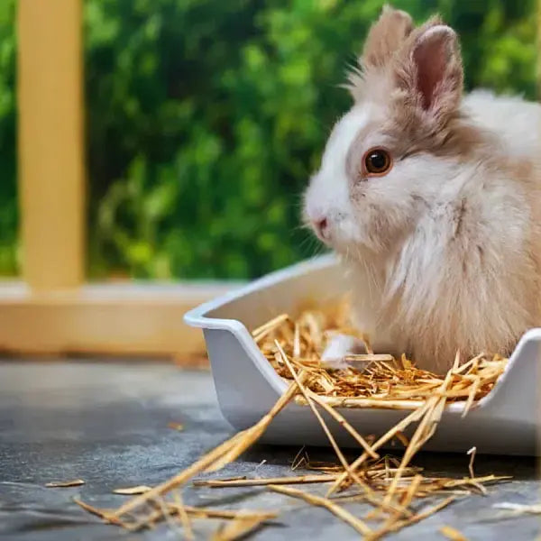 A fluffy white and light brown rabbit sitting in a white plastic litter box filled with straw, photographed outdoors with a blurred green garden background.