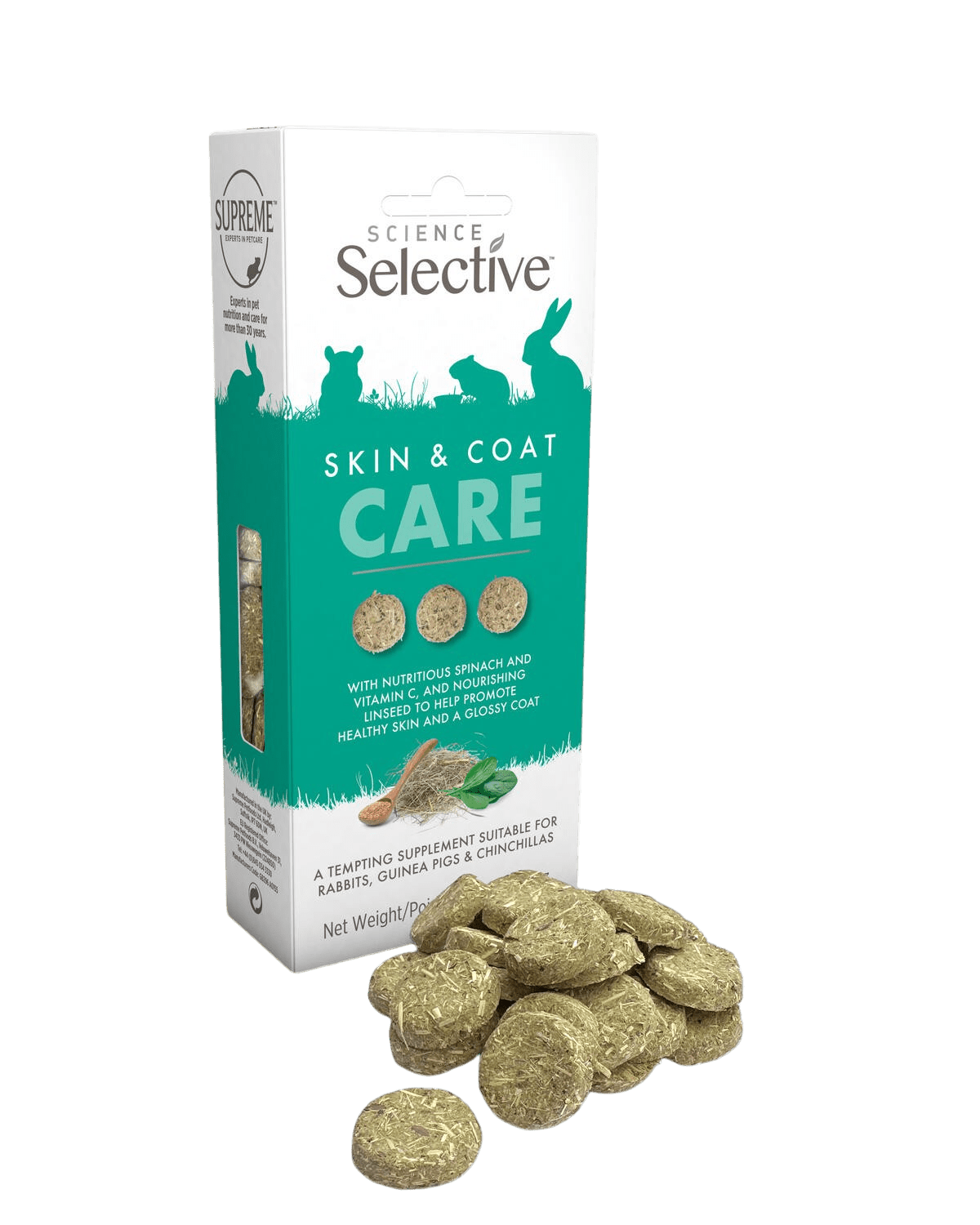 Science Selective Skin & Coat Care Supplement for rabbits, guinea pigs & chinchillas box and some supplements by the box