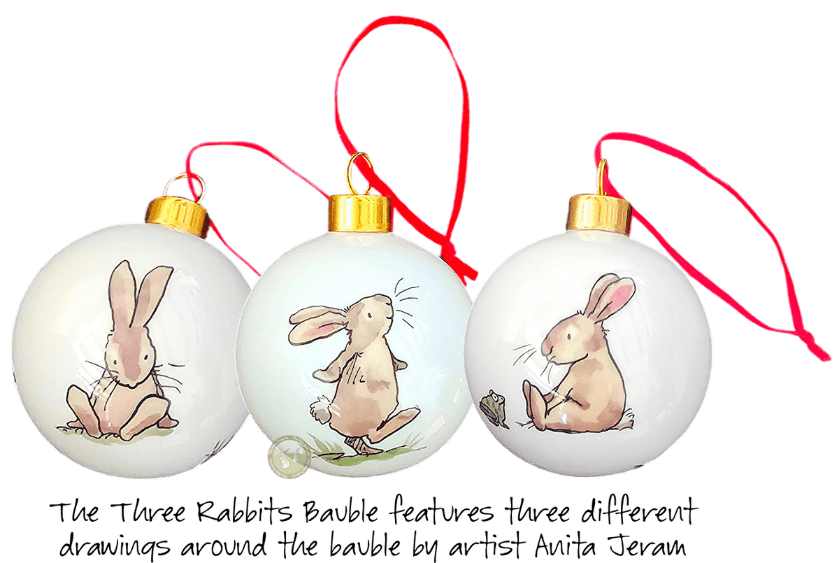 Two Bad Mice Three Rabbits Bauble by Artist Anita Jeram featuring 3 drawings