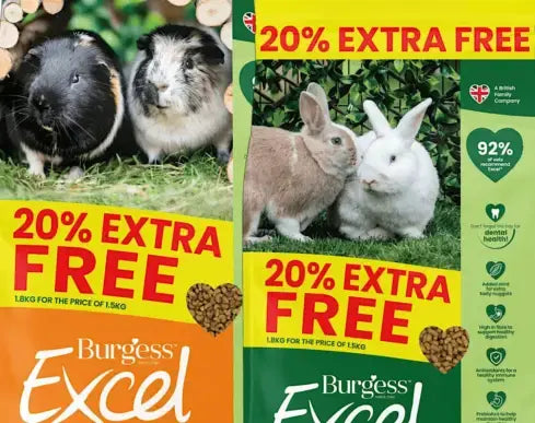 Two bags of Burgess Excel pet food promotional packaging side by side, featuring guinea pigs and rabbits on the front with large red text reading '20% EXTRA FREE'.